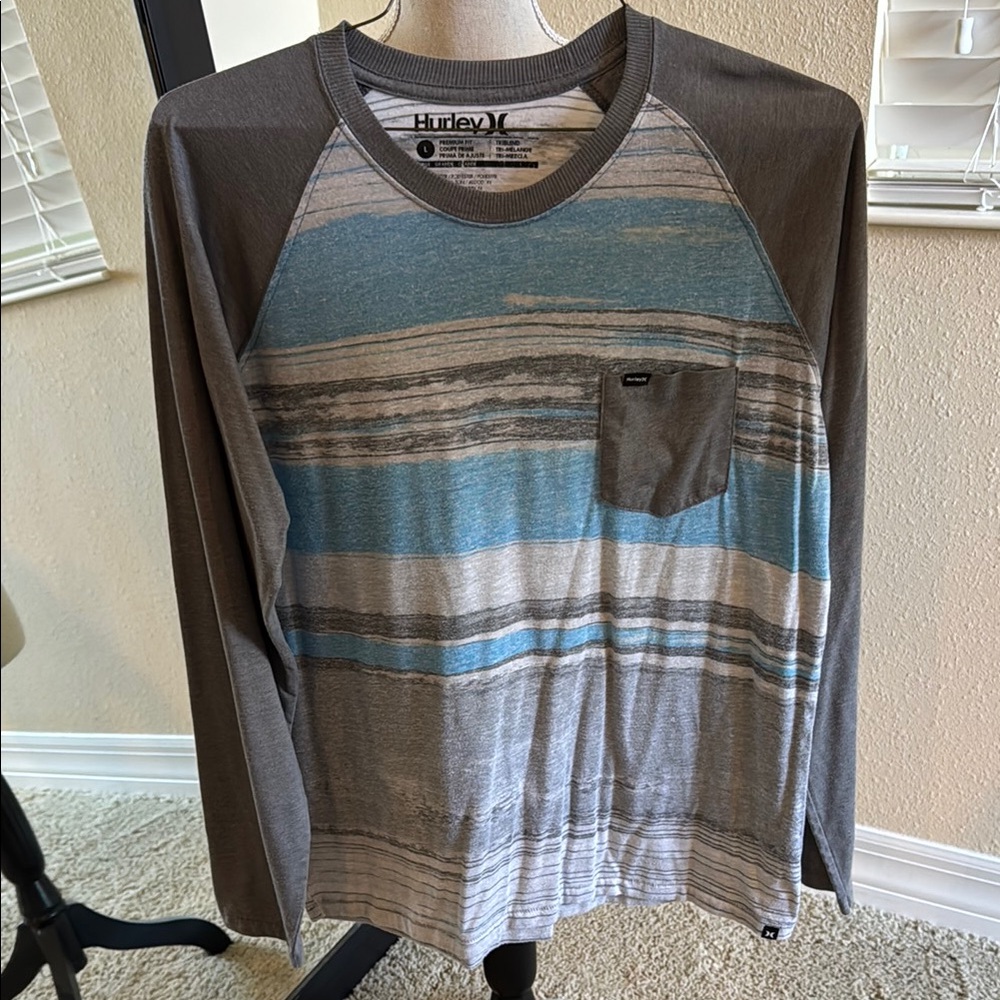 Hurley Long Sleeve Blue and Gray Tee with Raglan Sleeves